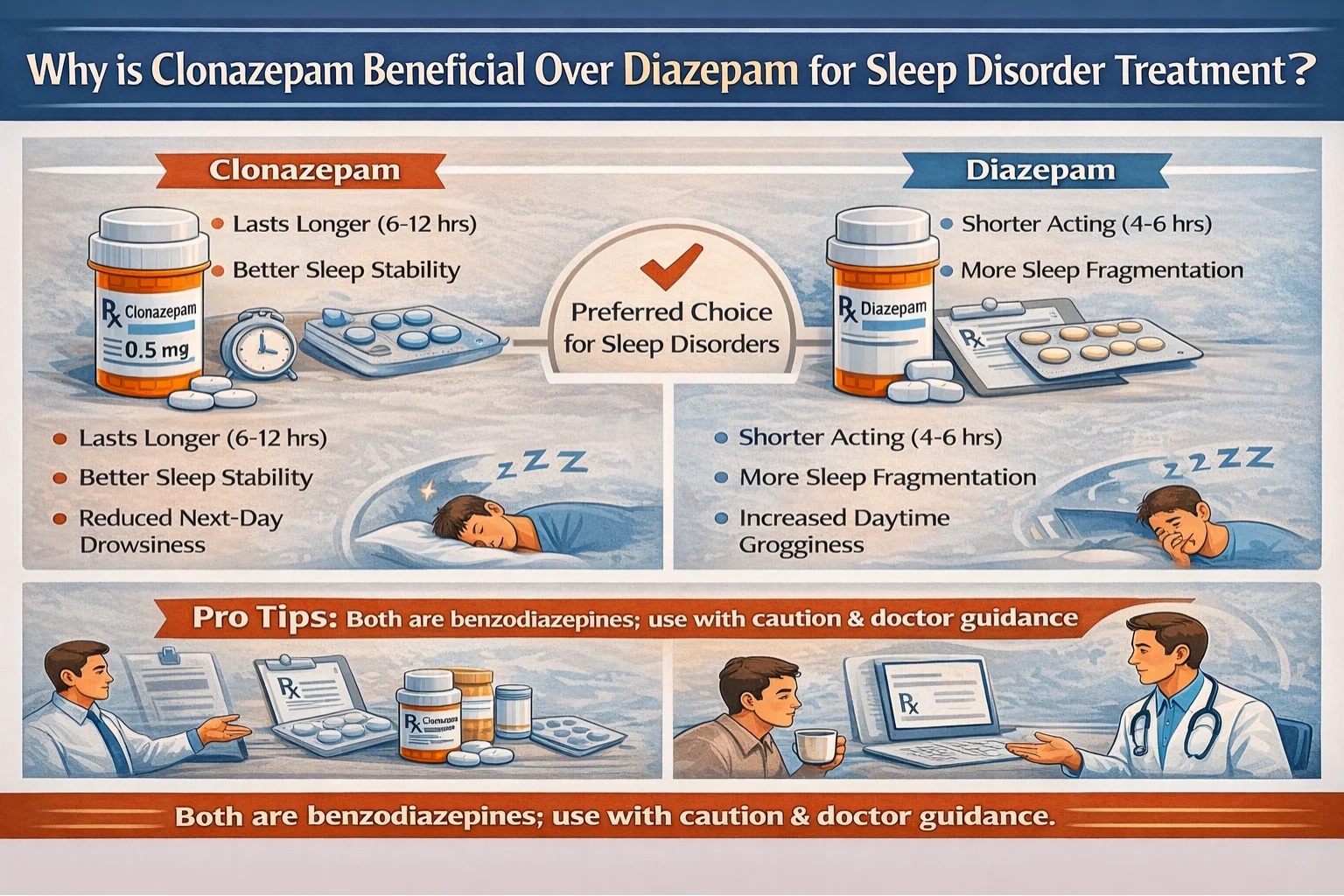 Why is Clonazepam beneficial over Diazepam for sleep disorder treatment